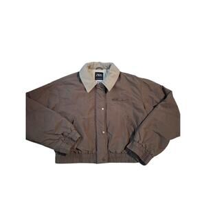 Zara Grungecore Waxed Bomber Jacket Women's size Medium Contrast Corduroy Collar